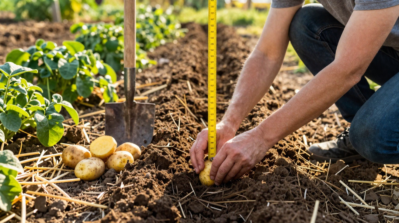 Pessoa a medir batatas recém-cavadas num campo, com plantas e enxada ao fundo.