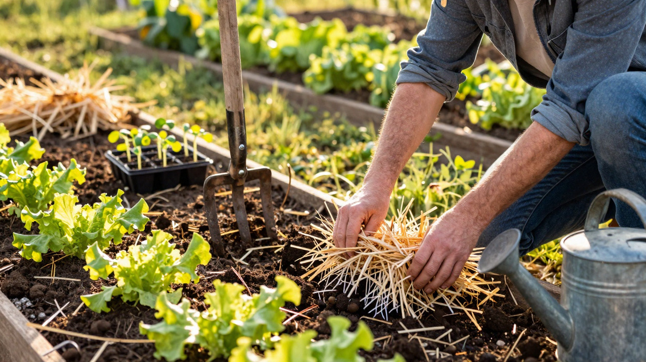 Pessoa a cuidar de vegetais numa horta, colocando palha no solo para proteger as plantas.