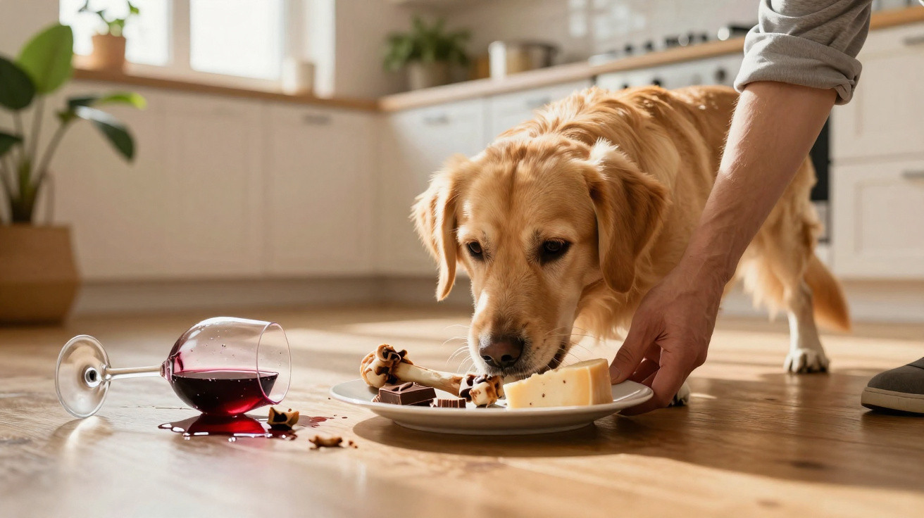Cão a cheirar prato com queijo e ossos, copo de vinho tinto derramado no chão da cozinha.
