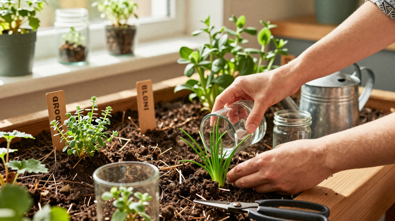 Pessoa a regar plantas aromáticas numa caixa de cultivo interior, com tesoura e regador ao lado.