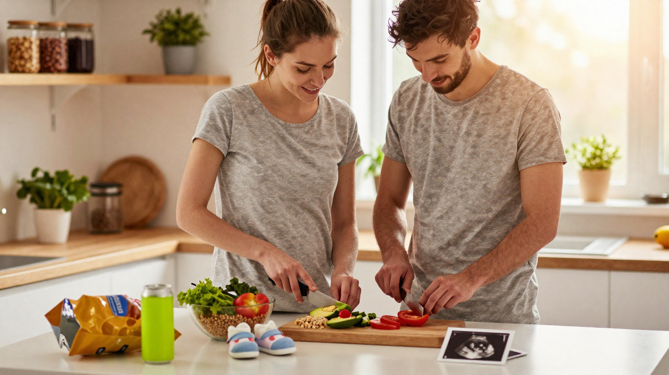Casal jovem a cortar legumes na cozinha, com sapatinhos de bebé e ecografia na bancada.