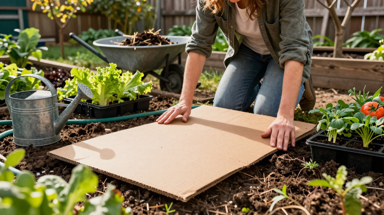 Pessoa a preparar canteiro de jardim com cartão, rodeada de plantas e regador num espaço exterior.