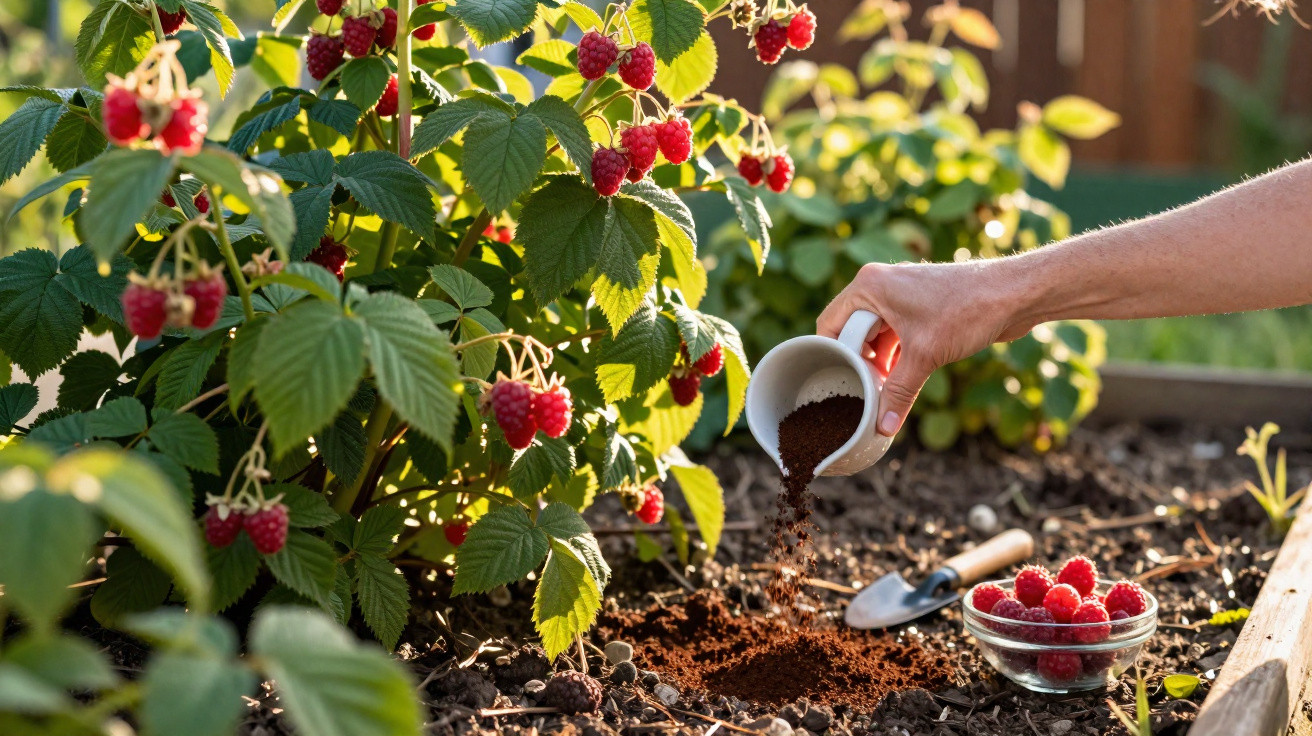 Pessoa a regar plantas de framboesa com terra num jardim com framboesas maduras num frasco de vidro.