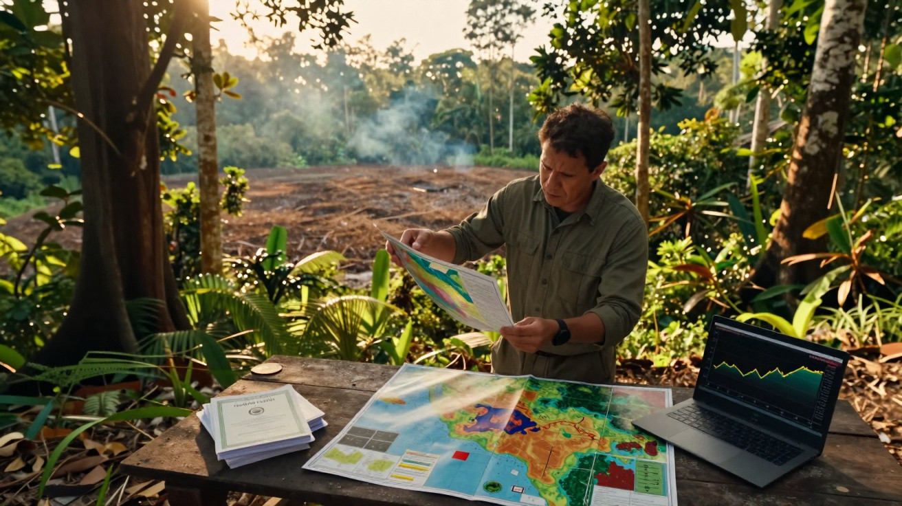 Homem analisa mapas e dados num computador ao ar livre numa zona arborizada.