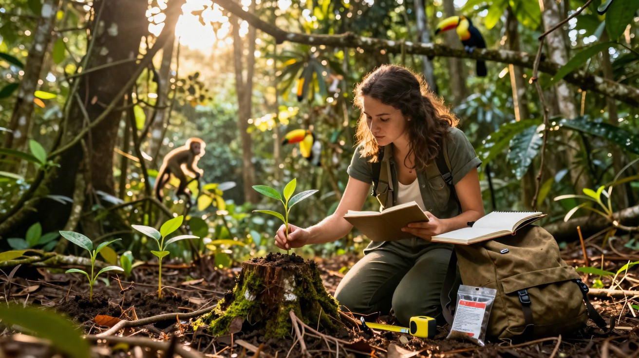 Mulher a estudar plantas numa floresta com caderno e mochila, com macaco e tucanos ao fundo.
