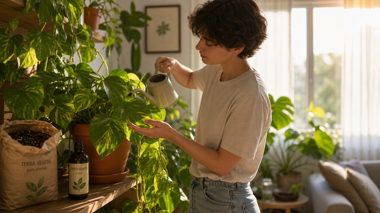 Pessoa a regar plantas verdes em vaso numa sala iluminada por luz natural.