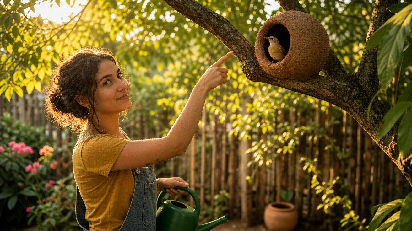 Mulher a apontar para um pássaro num ninho pendurado numa árvore num jardim ensolarado.