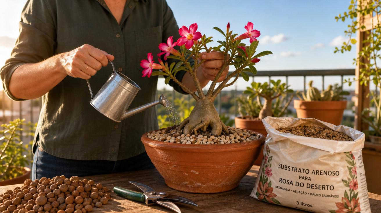 Pessoa a regar rosa do deserto em vaso num terraço com substrato arenoso e ferramentas de jardinagem.