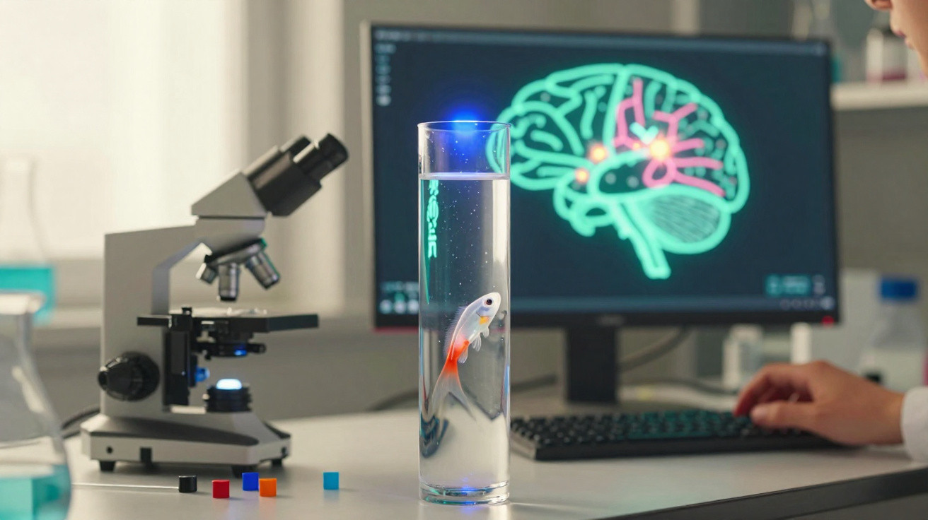 Laboratório com microscópio, peixe num tubo de ensaio e monitor com imagem do cérebro ao fundo.
