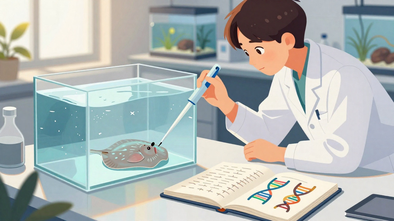 Cientista em laboratório alimenta uma arraia num aquário enquanto consulta notas sobre ADN.