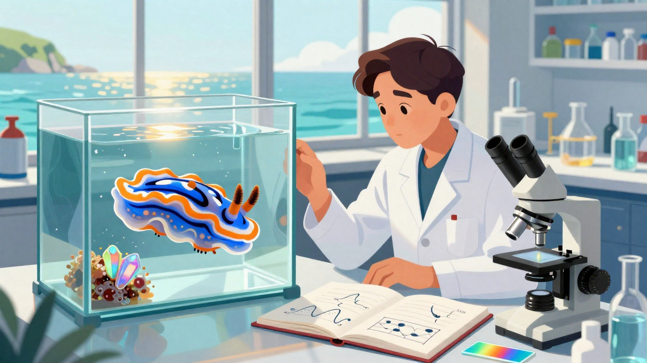 Cientista em laboratório observa animal marinho colorido num aquário, registando dados com microscópio ao lado.
