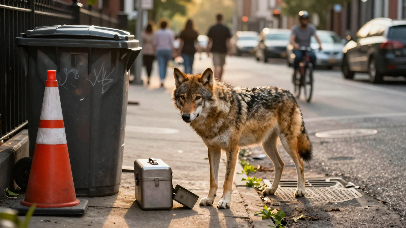 Lobo na berma de uma rua urbana, perto de um contentor de lixo e um cone de trânsito.