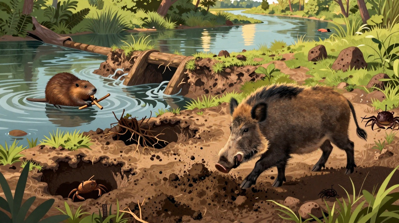 Javali a cavar ao lado de riacho com castor na água e vários caranguejos nas margens.