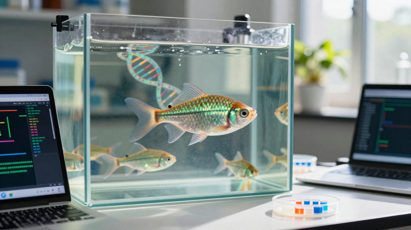 Aquário com peixes e símbolo DNA, entre dois computadores com códigos numa mesa de laboratório.
