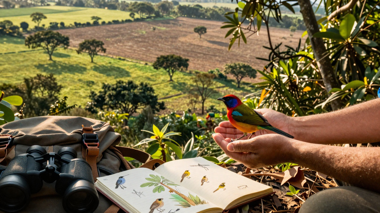 Mãos seguram um pássaro colorido perto de binóculos e um livro de ilustrações de aves em campo aberto.
