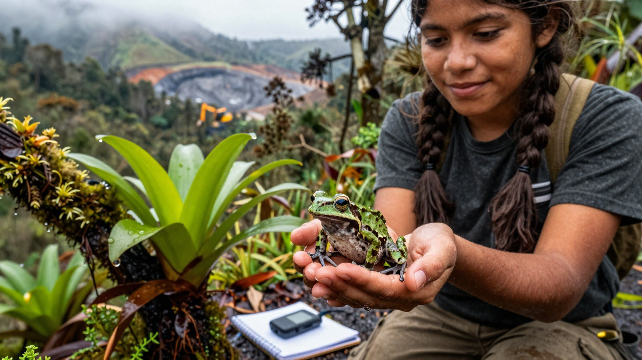 Mulher segura um sapo verde num ambiente natural com plantas e montanhas ao fundo.