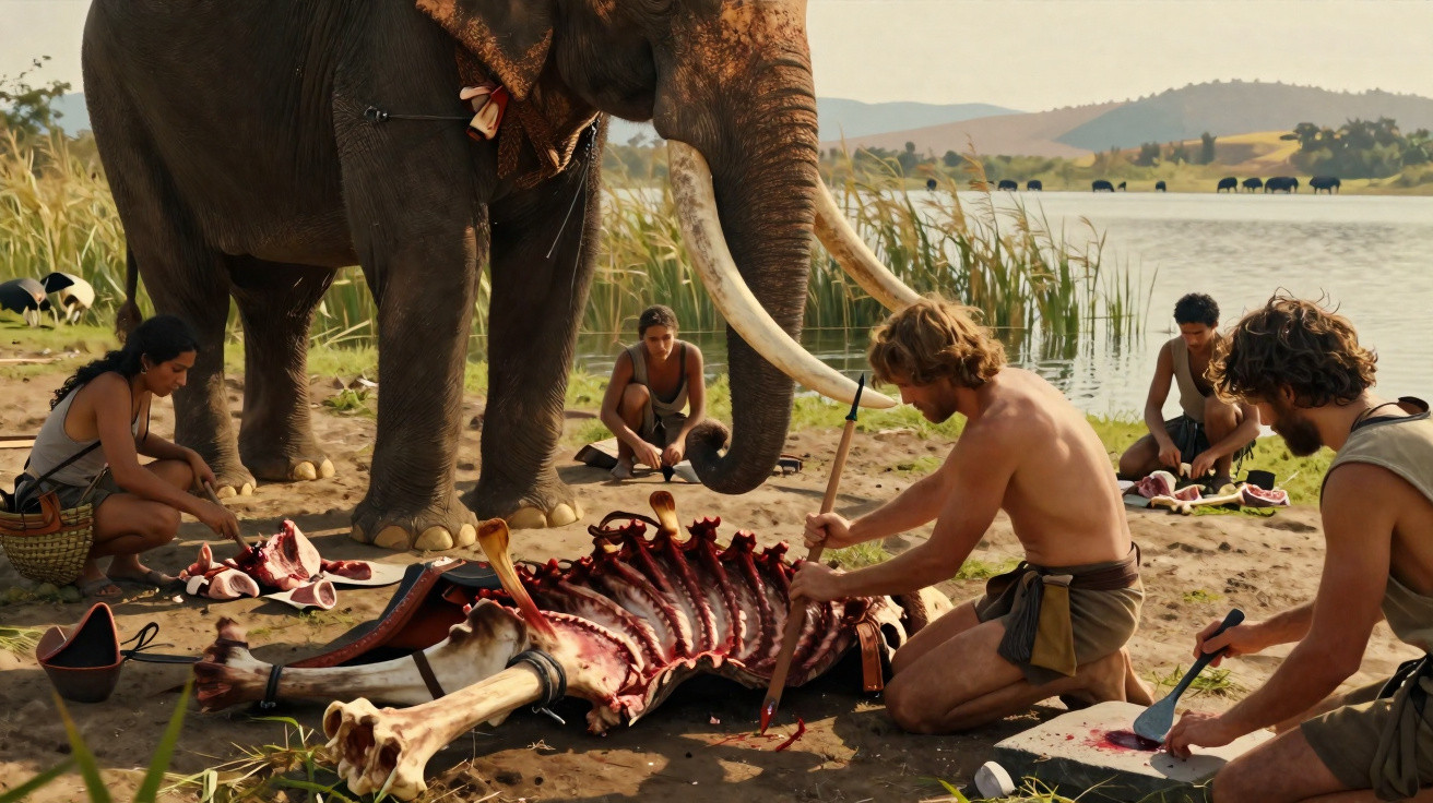 Homens pré-históricos a cortar carne perto de um elefante junto a um lago com colinas ao fundo.