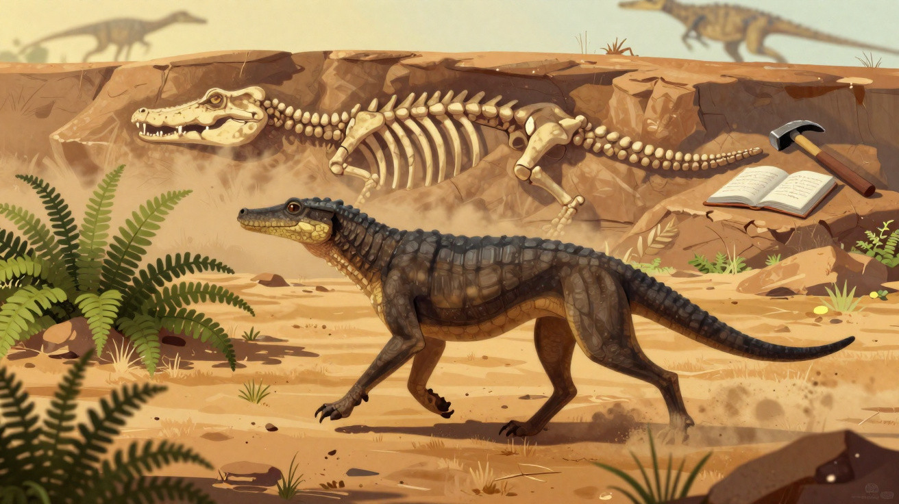 Ilustração de um réptil pré-histórico a caminhar, com fósseis e ferramentas de escavação ao fundo.