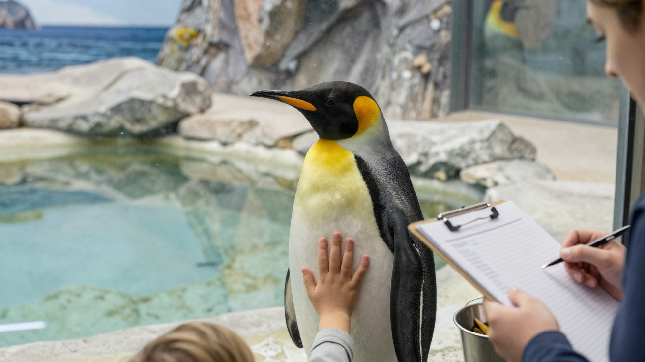 Criança a tocar um pinguim rei atrás do vidro num aquário com uma pessoa a fazer anotações.