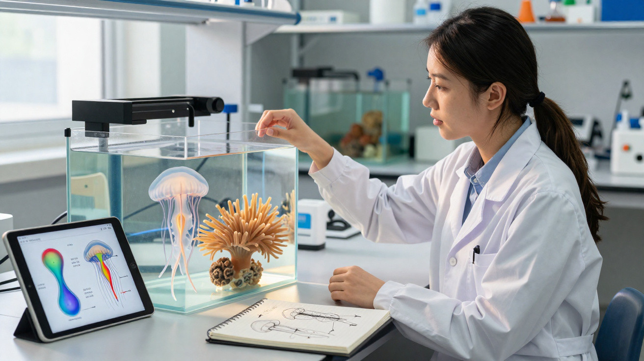 Investigadora em bata branca observa água-viva e coral num aquário de laboratório com ilustração digital num tablet.