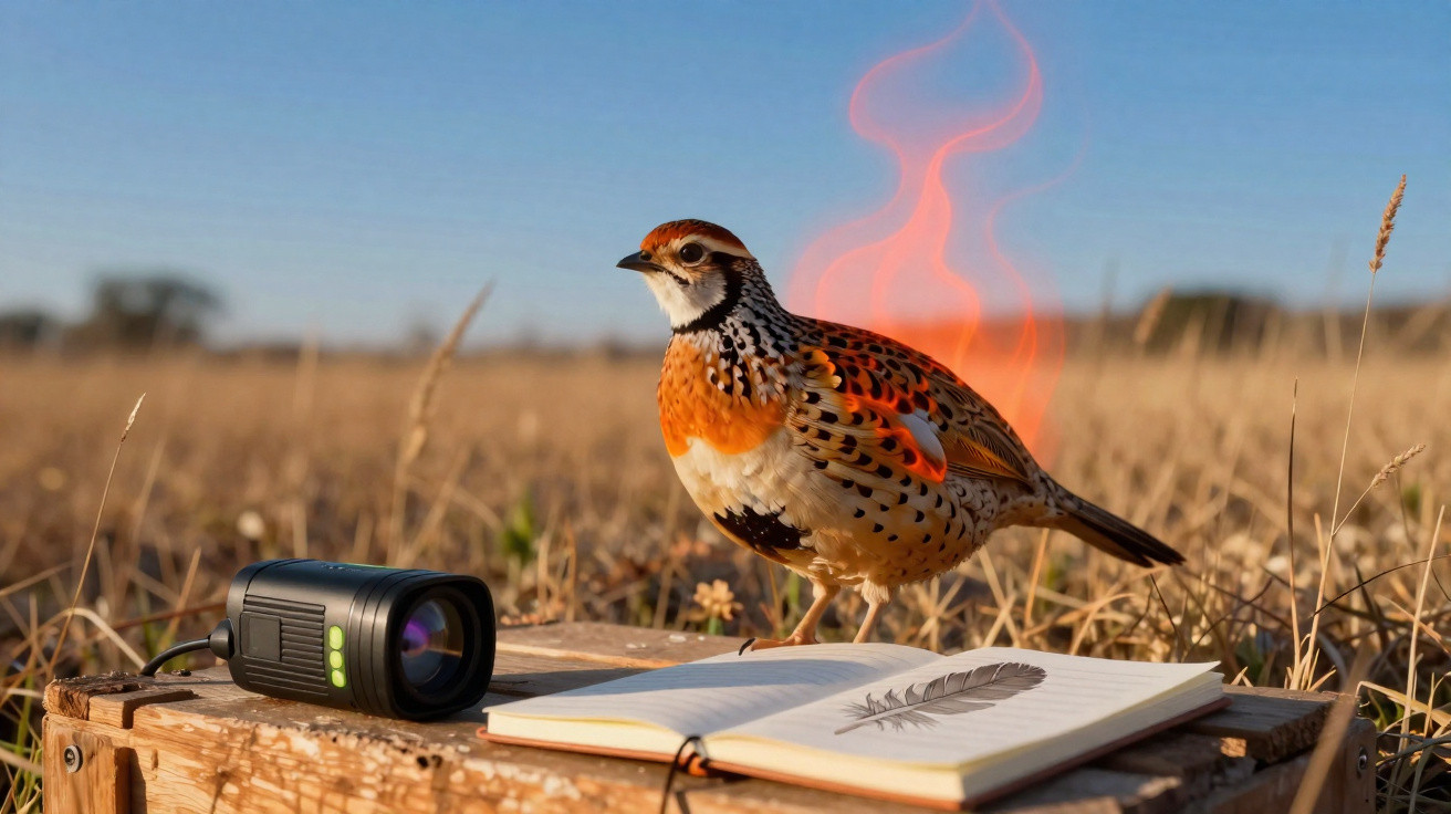 Pássaro colorido sobre livro aberto com uma pena desenhada e chama laranja, ao ar livre num campo seco.