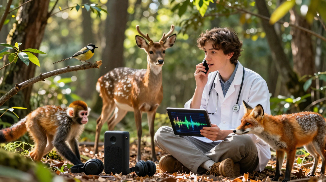 Jovem cientista com estetoscópio usa tablet na floresta rodeado por pássaro, macaco, veado e raposa.