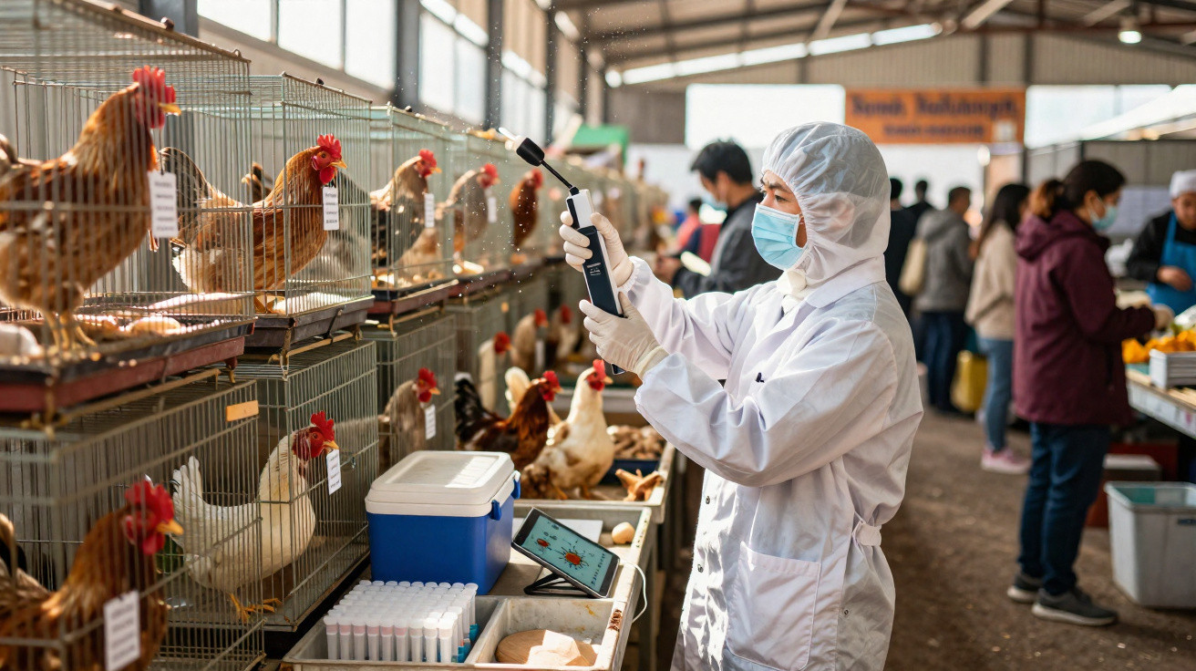 Profissional de saúde em equipamento protetor a analisar galinhas em viveiro durante feira agrícola.