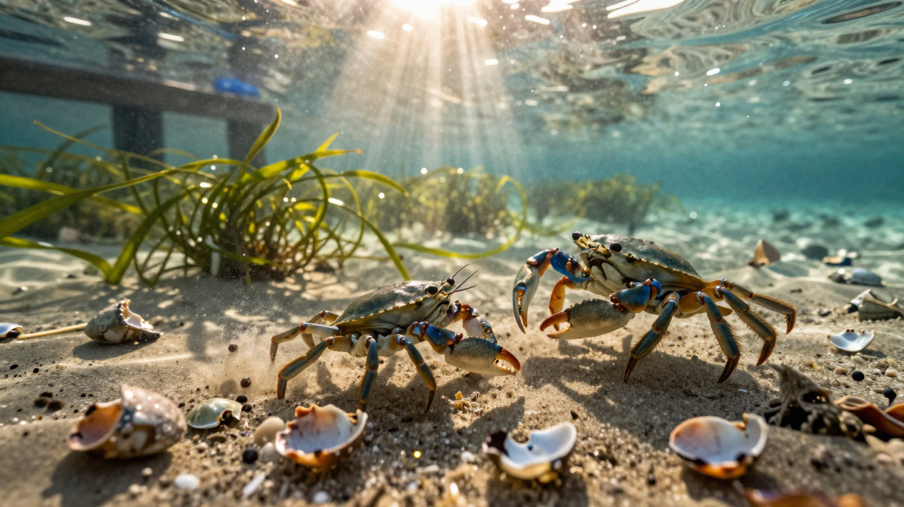 Dois caranguejos no fundo do mar rodeados por conchas e plantas aquáticas com raios de sol a atravessar a água.