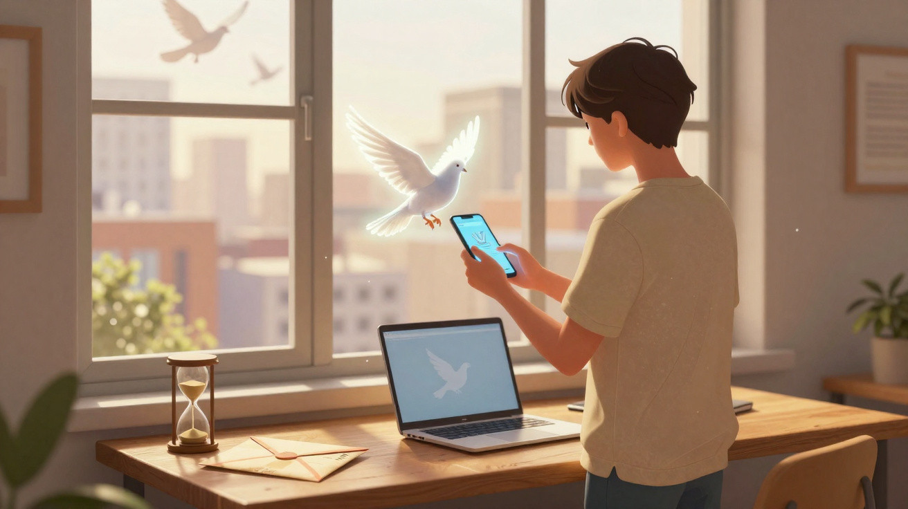 Jovem em casa a usar telemóvel com pomba branca a voar junto a ele, laptop aberto na secretária.