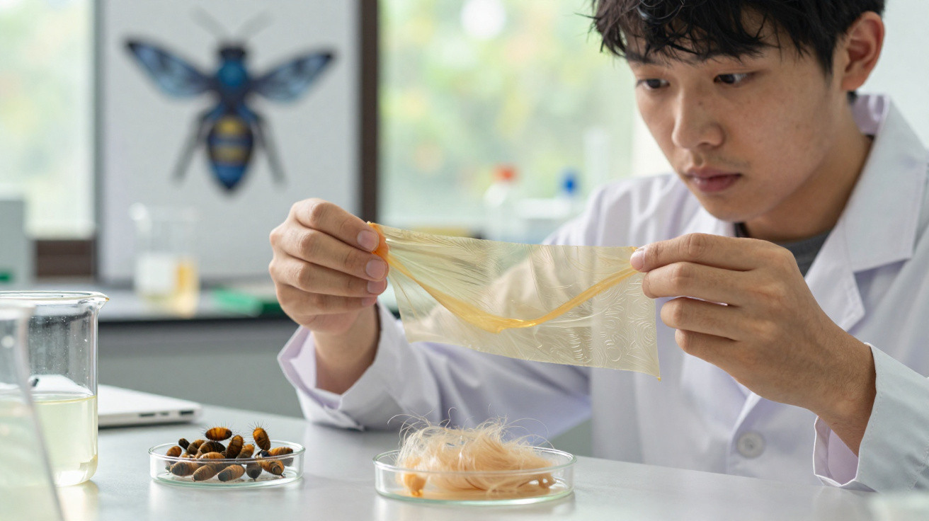 Homem num laboratório a examinar um material translúcido e flexível com larvas e insetos em placas de Petri.