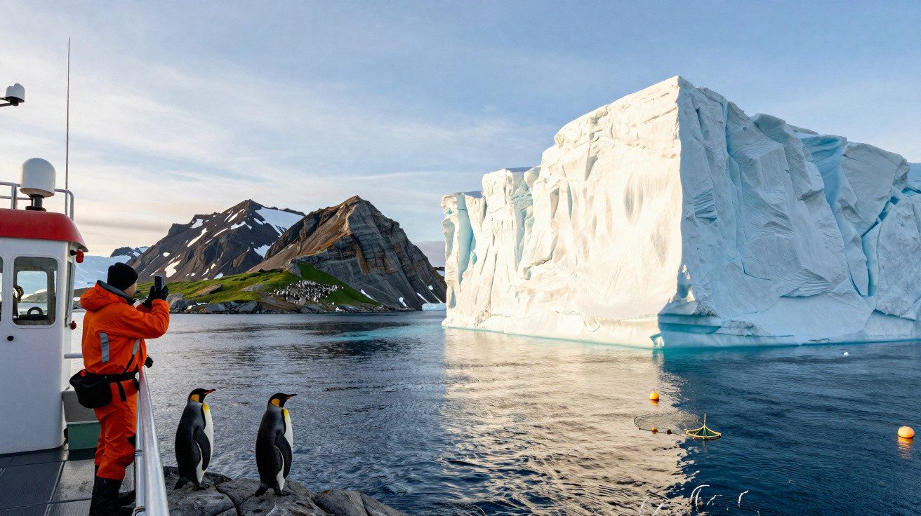 Pessoa em fato laranja tira foto de iceberg ao lado de pinguins numa ilha com montanha nevada ao fundo.
