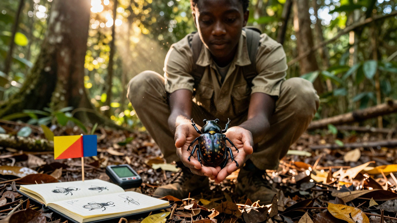 Jovem na floresta a segurar besouro grande, com livro de desenhos de insetos e equipamento no chão.