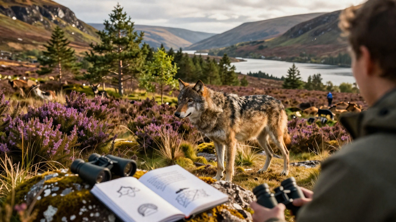 Lobo na natureza montanhosa com vegetação roxa, enquanto pessoa observa com binóculos e livro aberto.