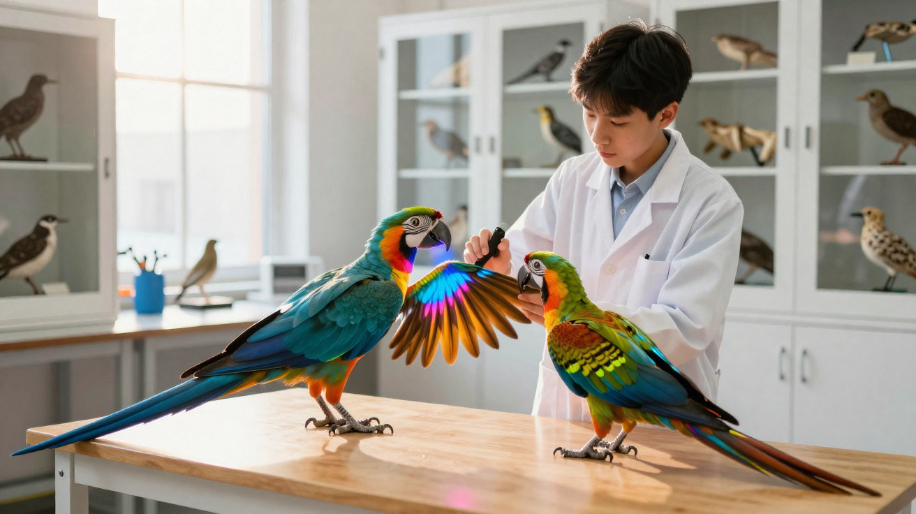 Cientista a examinar a asa de arara colorida numa sala com várias aves empalhadas em exibição.