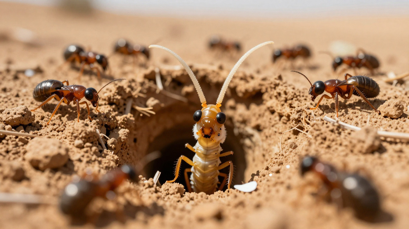 Inseto protagonista a sair de um buraco na terra rodeado por outras formigas.