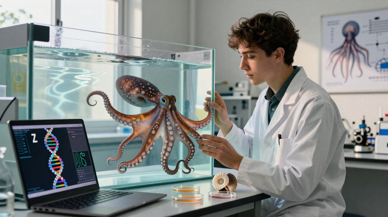 Cientista em laboratório a estudar um polvo num aquário com análises genéticas no computador ao lado.