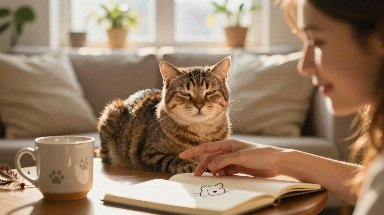 Mulher a desenhar gato num caderno enquanto gato real está deitado à sua frente numa mesa.