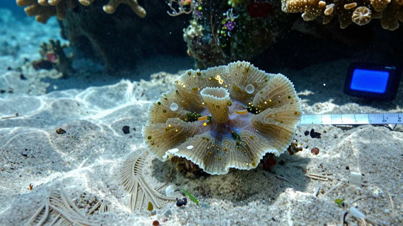 Coral marinho em forma de flor com tentáculos sob água transparente e areia no fundo do oceano.