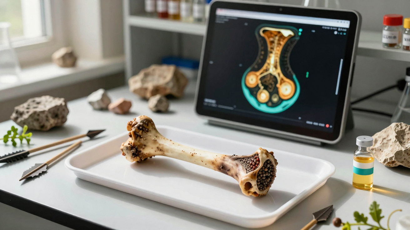 Osso de animal com estrutura interna visível em bandeja, monitor com imagem de corte transversal e pedras em laboratório.