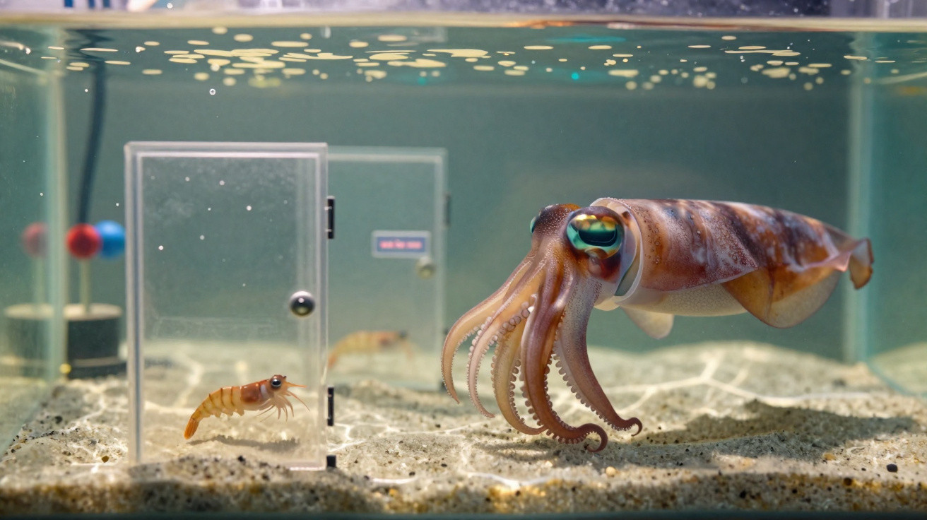 Lula olhando peixe dentro de aquário com duas mini portas transparentes na areia e bolhas na água.