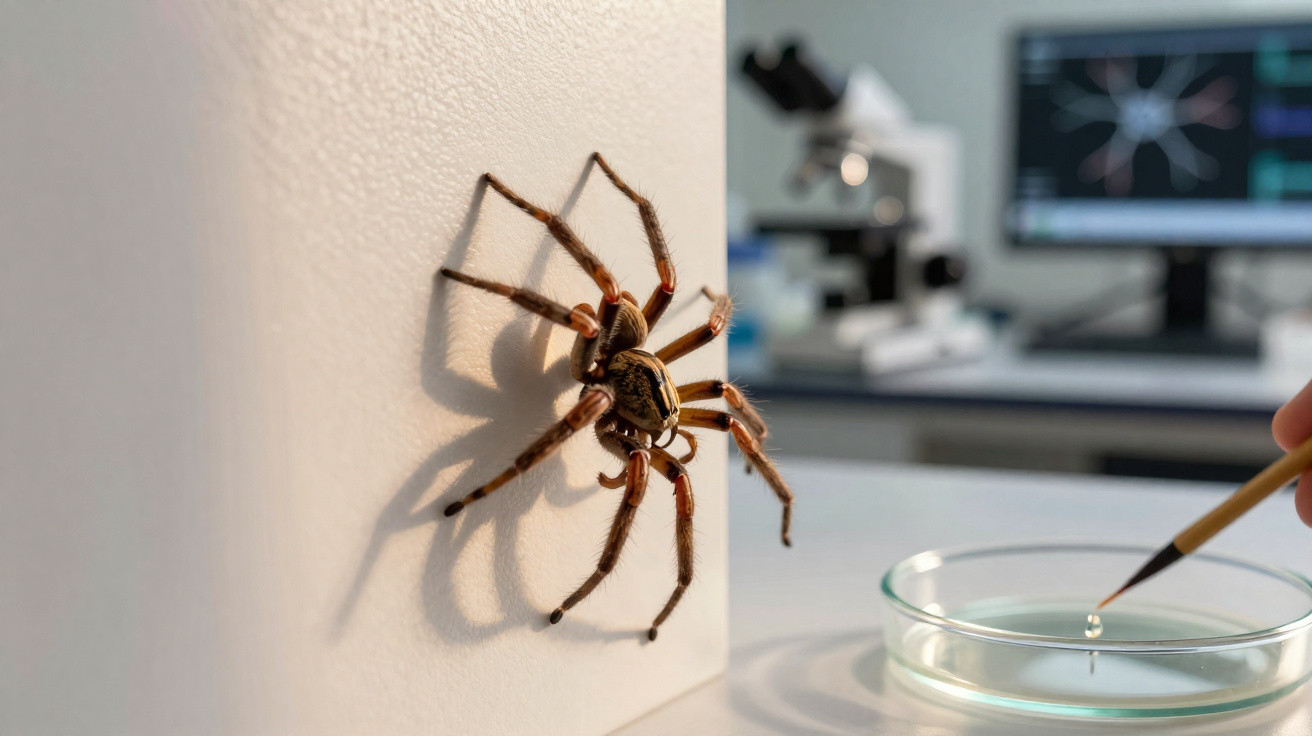 Aranha grande com patas longas sobre parede branca em laboratório com microscópio ao fundo.