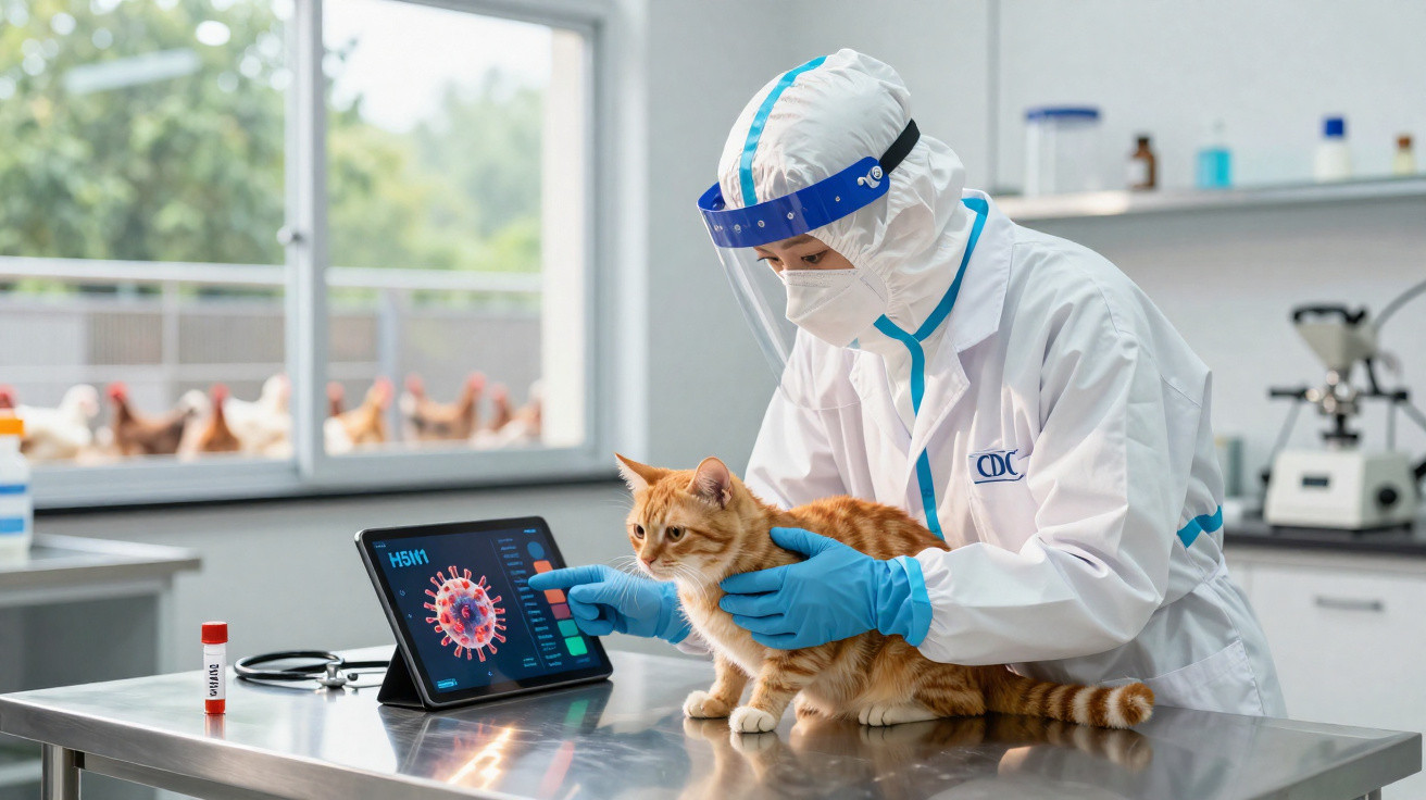 Veterinária com equipamento de proteção analisa gato laranja num laboratório com imagem do vírus da gripe H5N1.