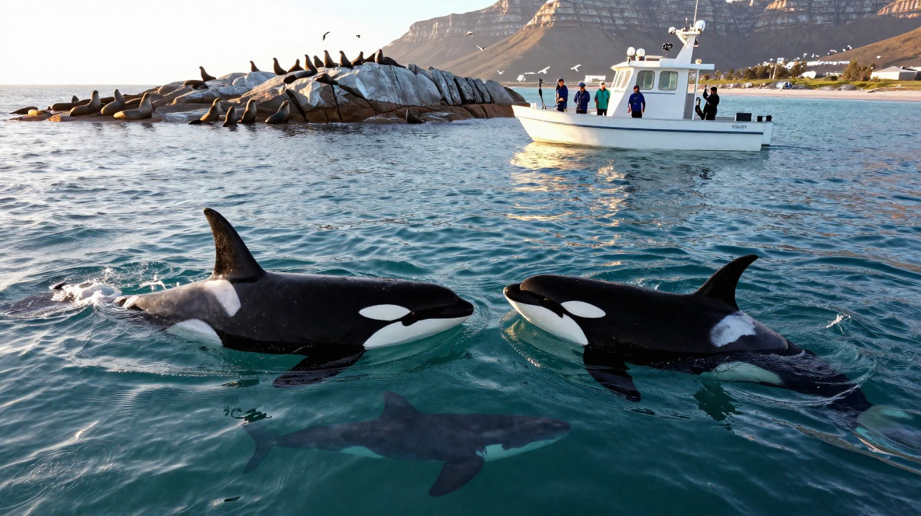 Duas orcas e um tubarão perto de um barco com pessoas, com rochas e mais animais marinhos ao fundo.