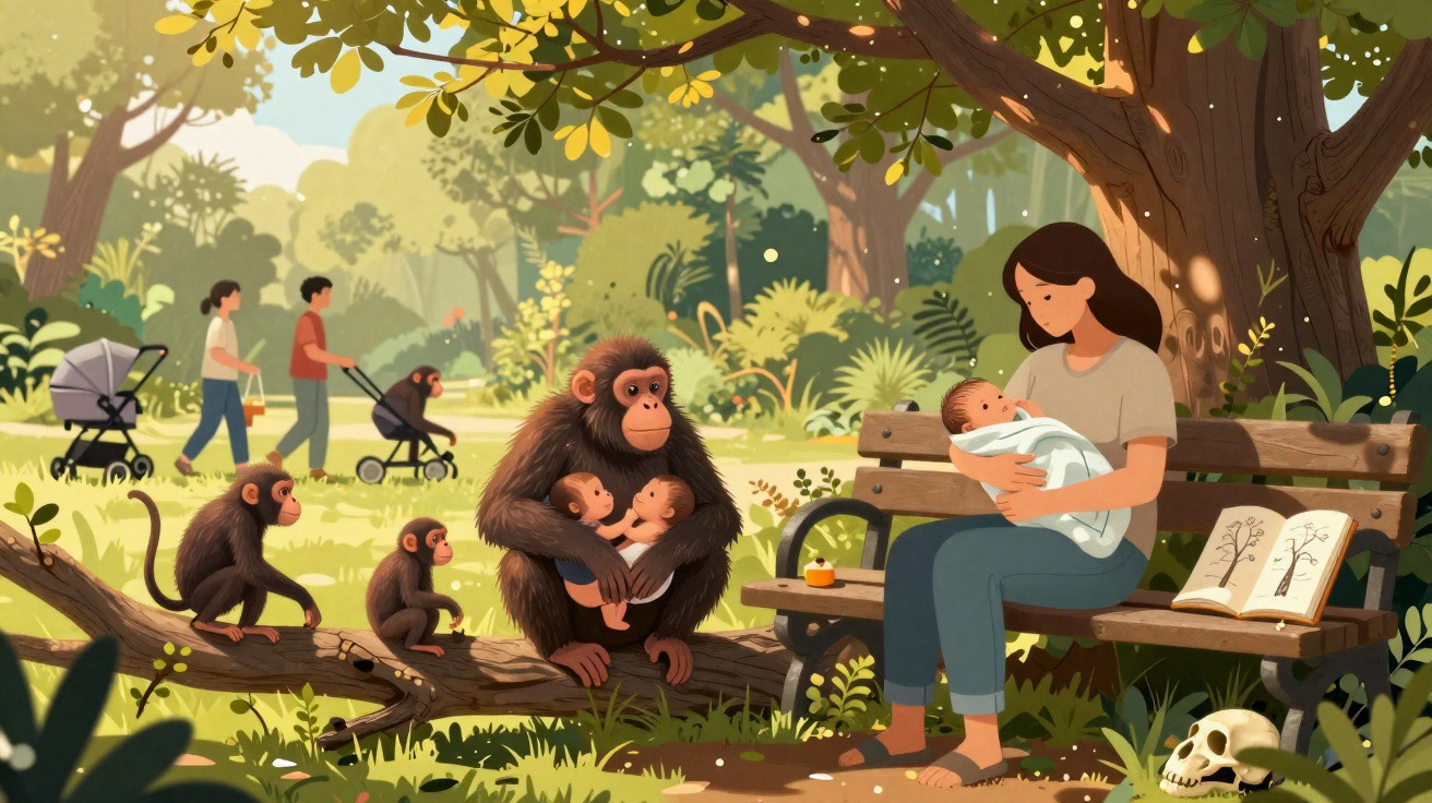 Mulher sentada no parque com bebé ao colo, enquanto macacos seguram bebés humanos em ambiente natural.