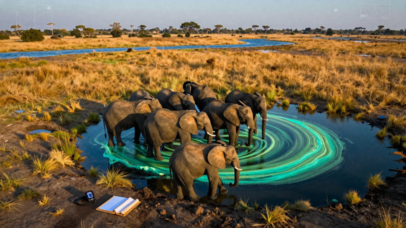 Grupo de elefantes a beber água numa lagoa com padrões azuis brilhantes numa savana.