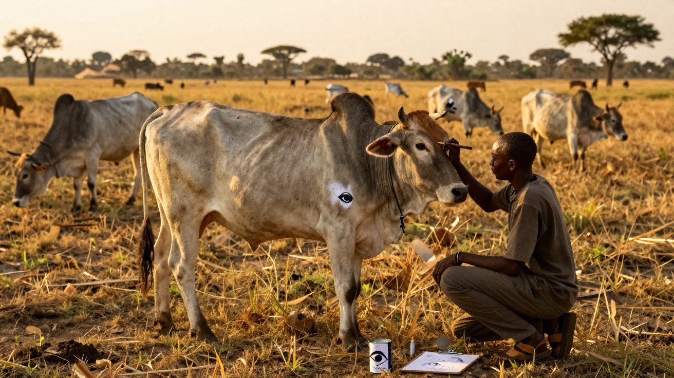 Homem pinta um olho negro numa vaca branca num campo seco ao pôr do sol, com mais vacas ao fundo.