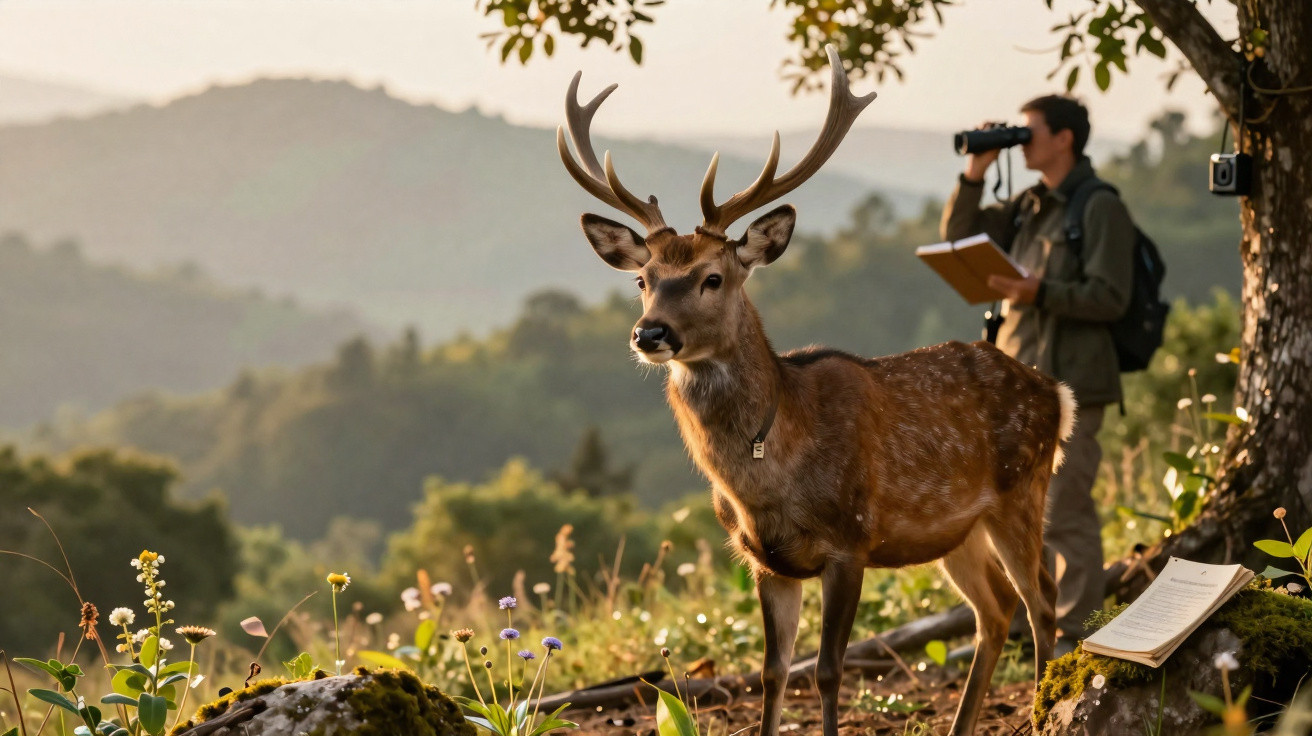 Veado com coleira em campo florido ao pôr do sol, enquanto investigador observa com binóculos.