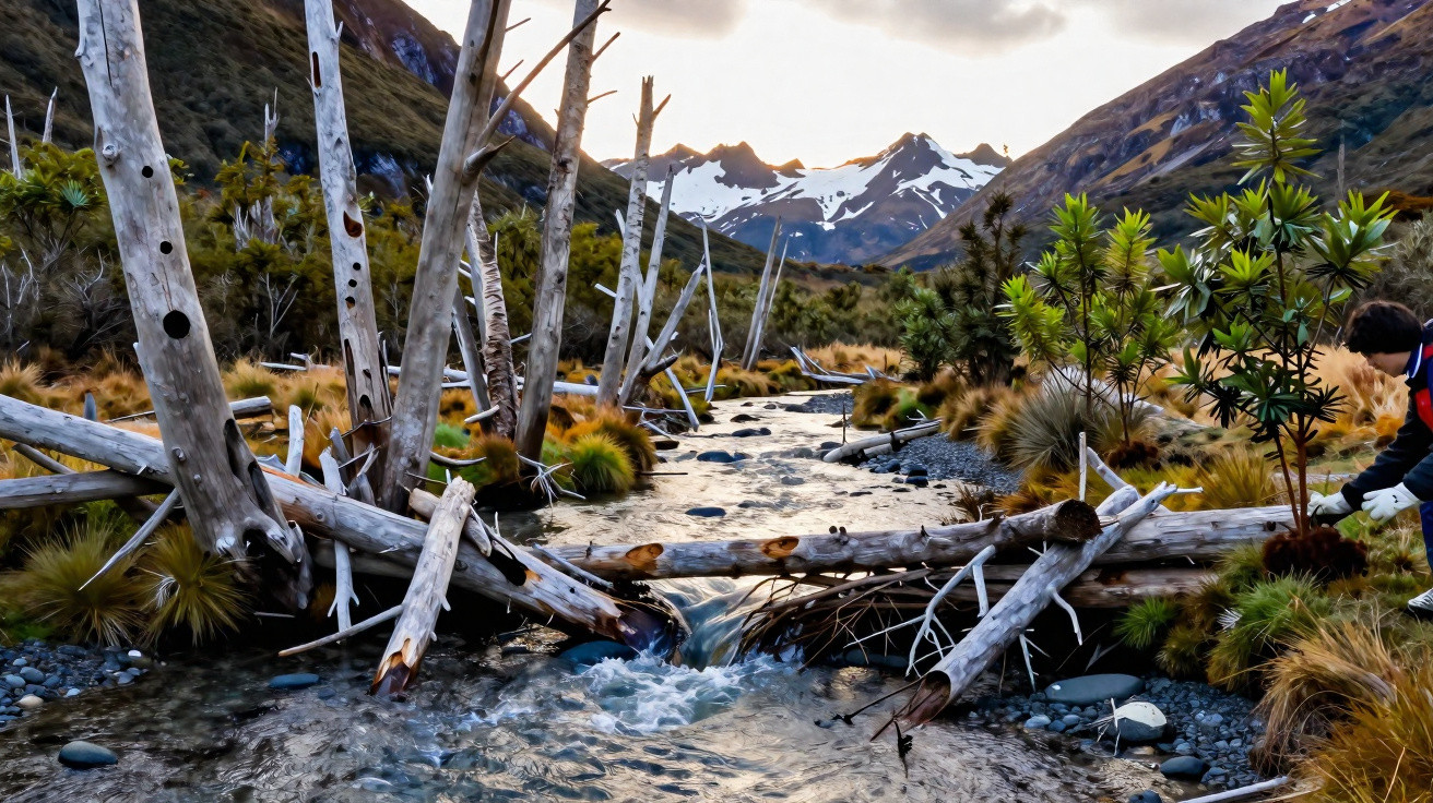 Rio de montanha com troncos caídos, vegetação e montanhas nevadas ao fundo ao pôr do sol.