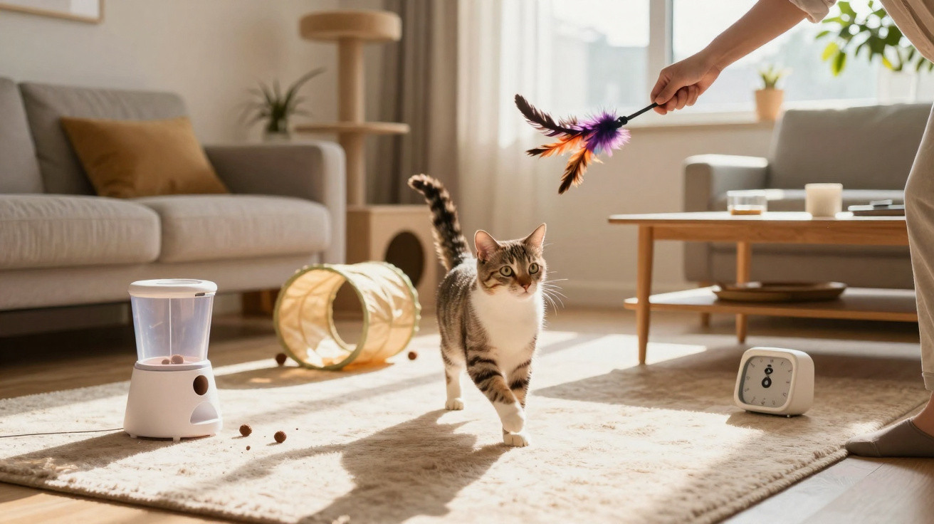 Gato doméstico cinzento e branco caminha numa sala luminosa enquanto uma mão segura um brinquedo de penas coloridas.