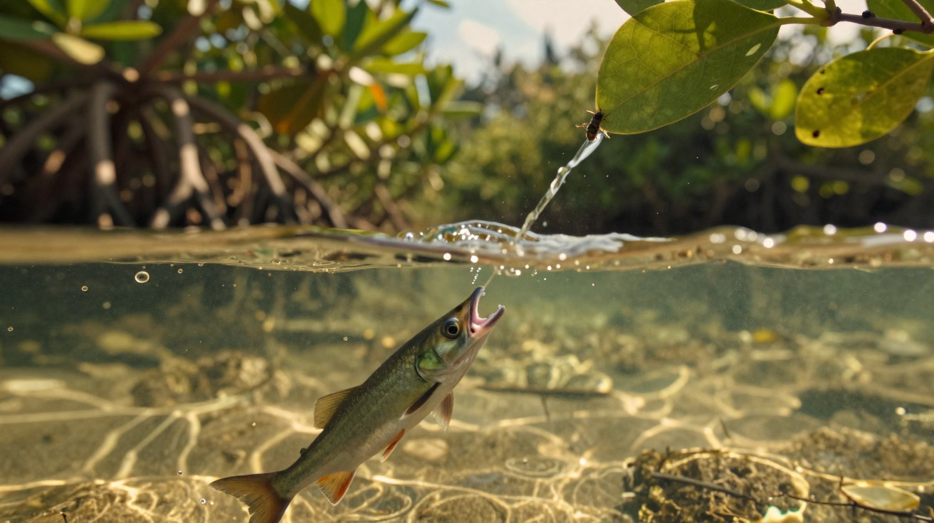 Peixe em água clara a tentar apanhar água que cai de uma folha verde numa área de mangue.